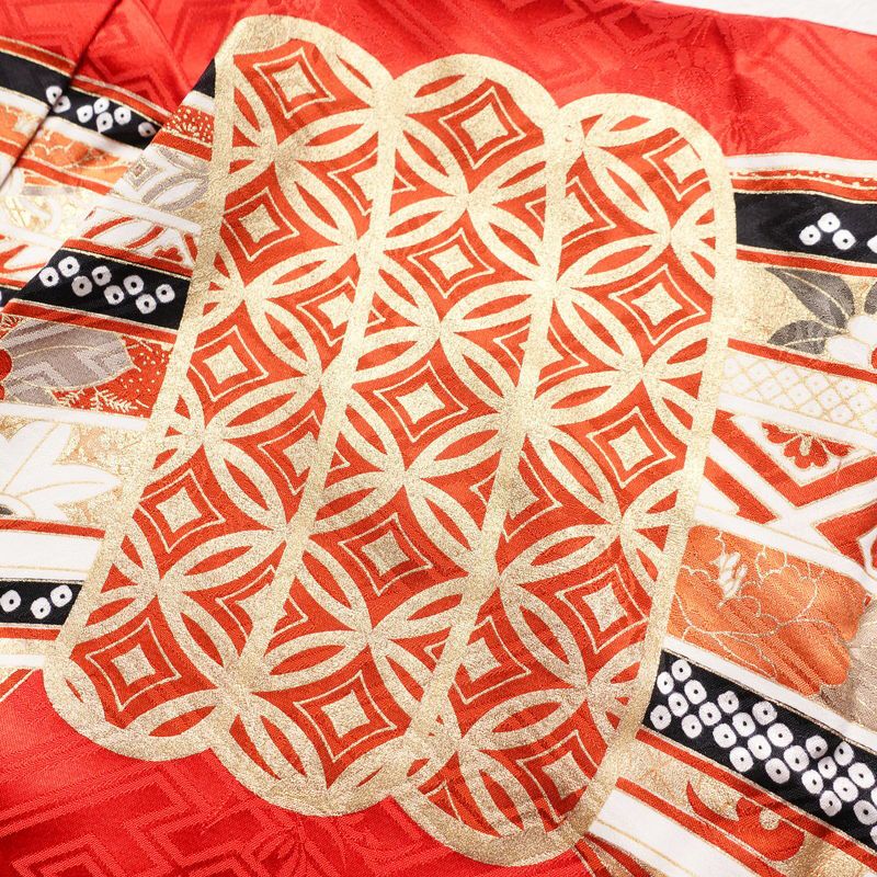 振袖 綸子 正絹 古典柄 袷仕立て 身丈167cm 裄丈69cm 金彩 熨斗目 箔 菊 椿 雪輪 七宝 成人式 着物 赤・朱_画像14