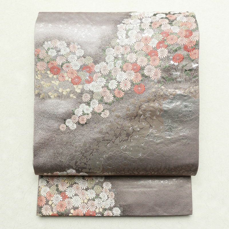 袋帯 六通柄 フォーマル用 正絹 花柄 箔 紫・藤色_画像1