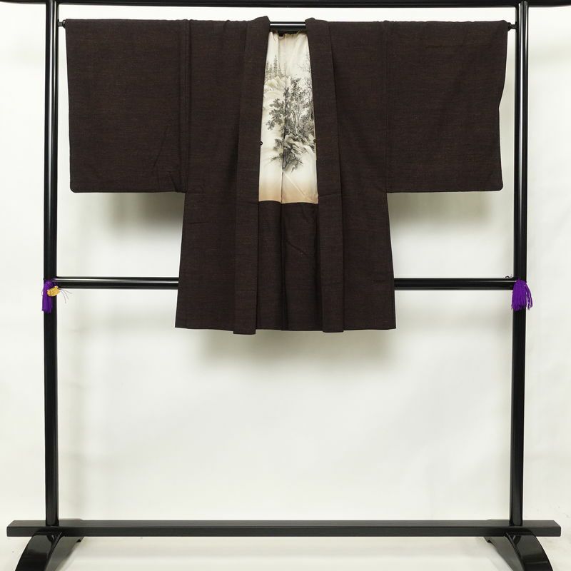 男性用 着物 アンサンブル 着物 羽織 2点セット セット品 正絹 無地 袷仕立て 身丈145.5cm 裄丈70cm 茶_画像4