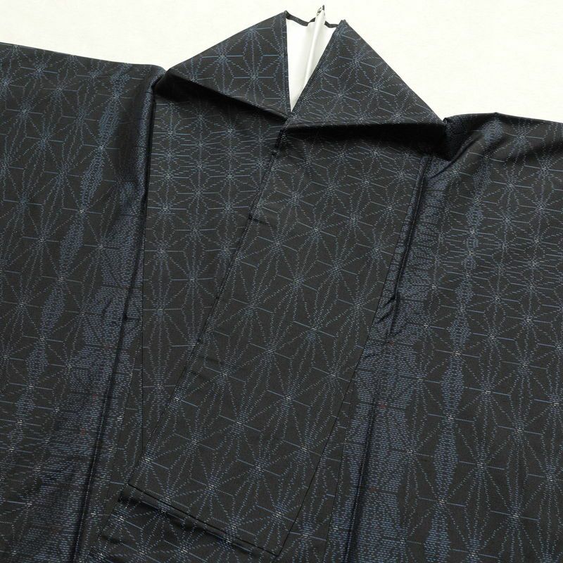 大島紬 良品 しつけ糸付き 正絹 麻の葉柄 袷仕立て 身丈159.5cm 裄丈67.5cm 着物 青・紺_画像14