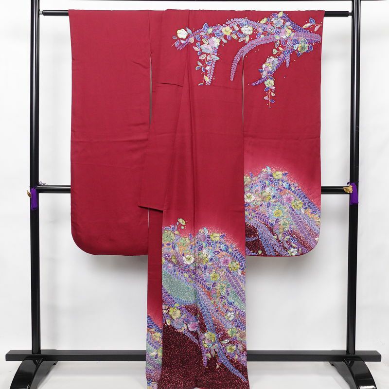 振袖 辻が花 作家物 孝美 落款入り 良品 絞り 正絹 花柄 袷仕立て 身丈165.5cm 裄丈67.5cm 金彩 小豆・エンジ_画像2