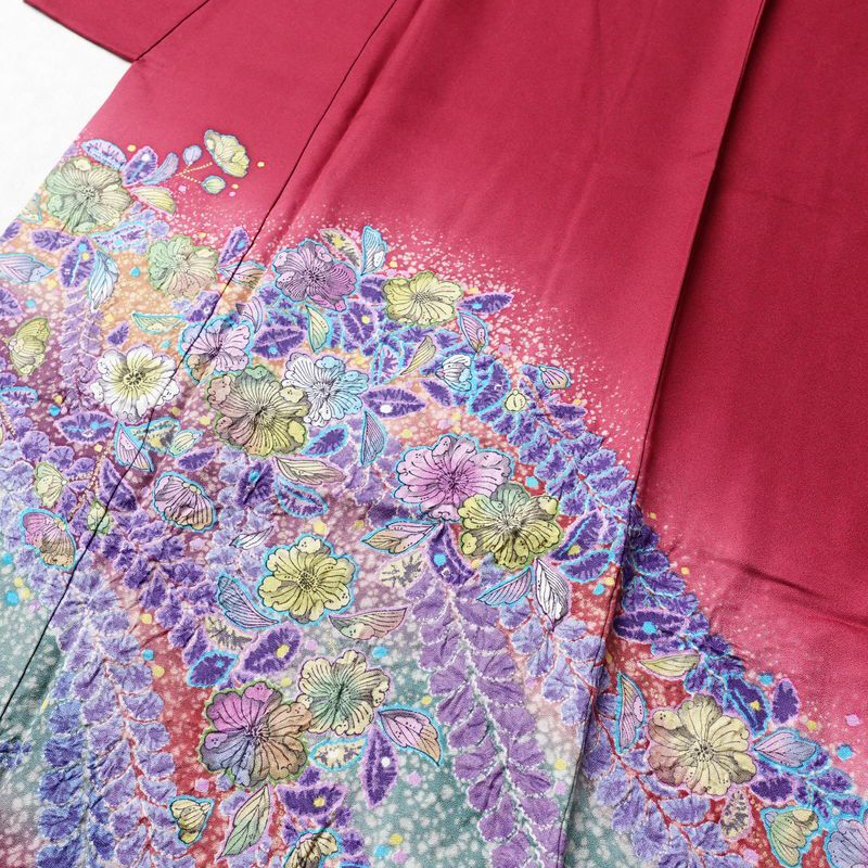 振袖 辻が花 作家物 孝美 落款入り 良品 絞り 正絹 花柄 袷仕立て 身丈165.5cm 裄丈67.5cm 金彩 小豆・エンジ_画像5