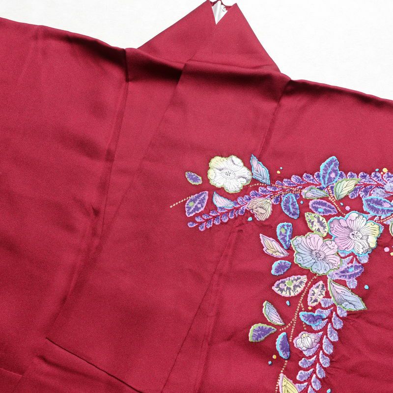 振袖 辻が花 作家物 孝美 落款入り 良品 絞り 正絹 花柄 袷仕立て 身丈165.5cm 裄丈67.5cm 金彩 小豆・エンジ_画像15