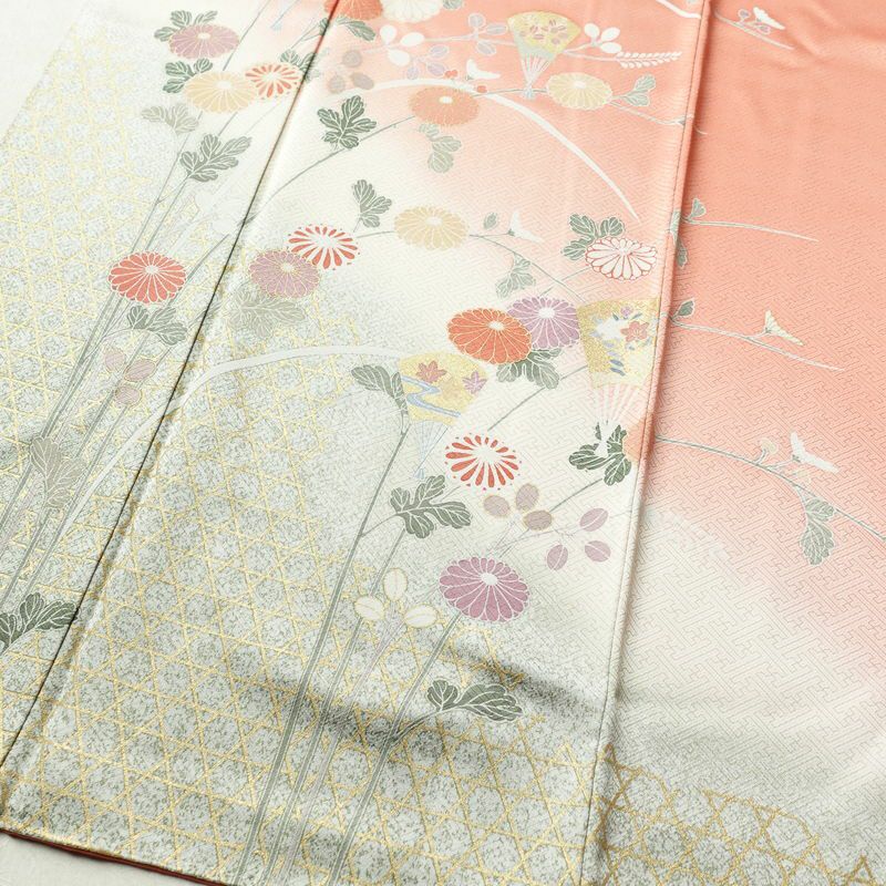 訪問着 良品 正絹 古典柄 袷仕立て 身丈162.5cm 裄丈69.5cm 箔 金彩 扇子 菊 ピンク_画像4