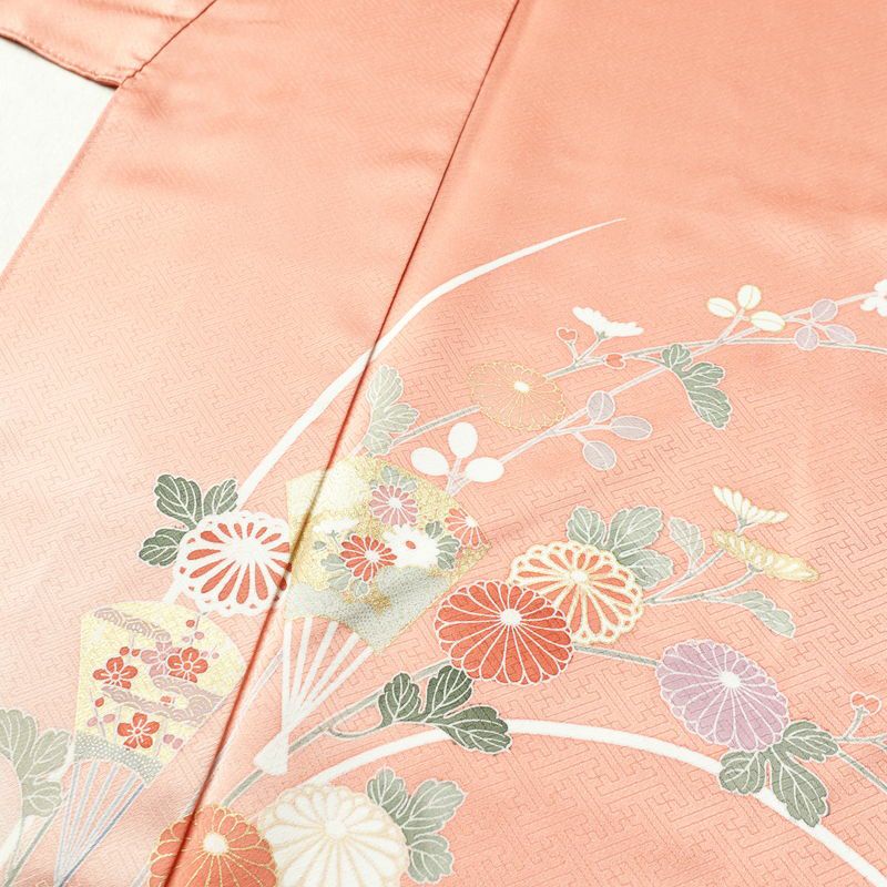 訪問着 良品 正絹 古典柄 袷仕立て 身丈162.5cm 裄丈69.5cm 箔 金彩 扇子 菊 ピンク_画像5