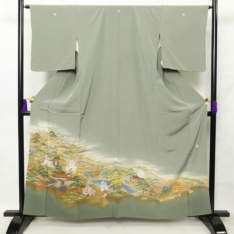 色留袖 五つ紋付き 比翼付き 縮緬 正絹 古典柄 袷仕立て 身丈162.5cm 