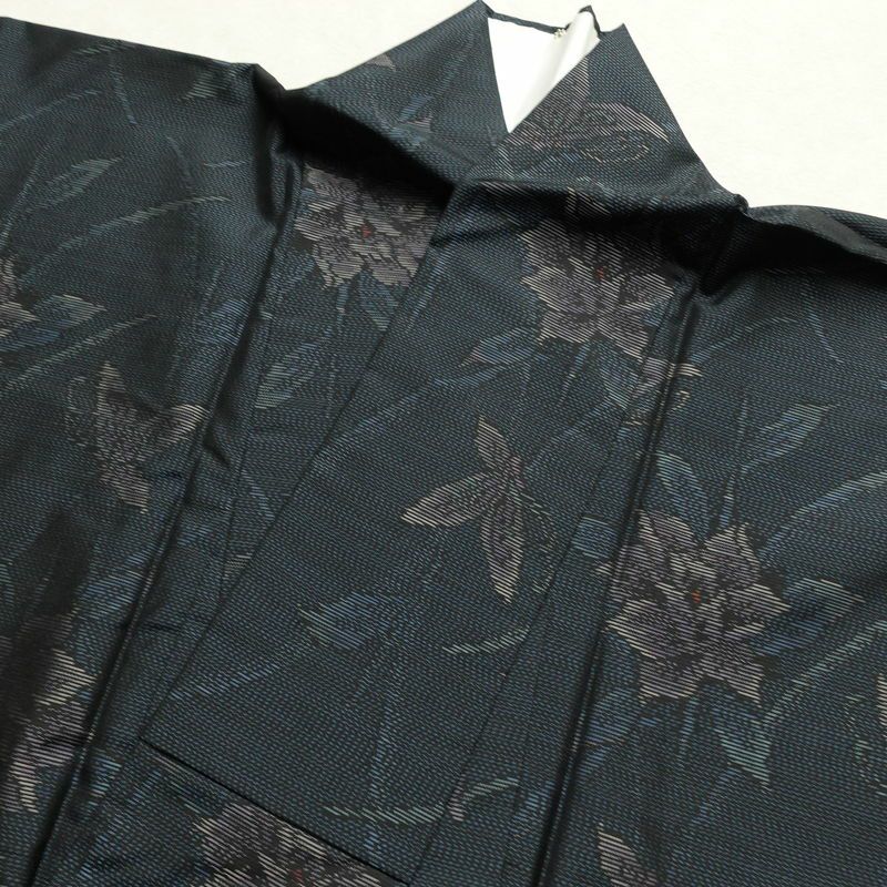 本場大島紬 良品 証紙あり 正絹 花柄 袷仕立て 身丈158cm 裄丈67cm 青・紺_画像14