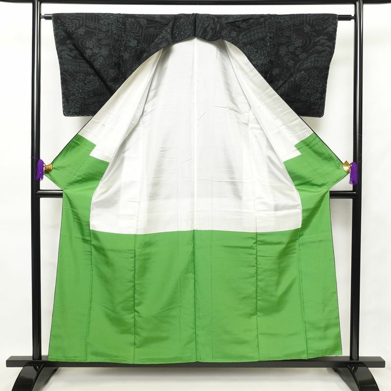 紬 しつけ糸付き 正絹 木の葉・植物柄 袷仕立て 身丈156.5cm 裄丈61.5cm 青・紺_画像3