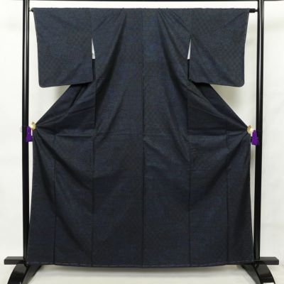 紬 しつけ糸付き 正絹 花柄 袷仕立て 身丈162.5cm 裄丈65cm 紬着物 青・紺