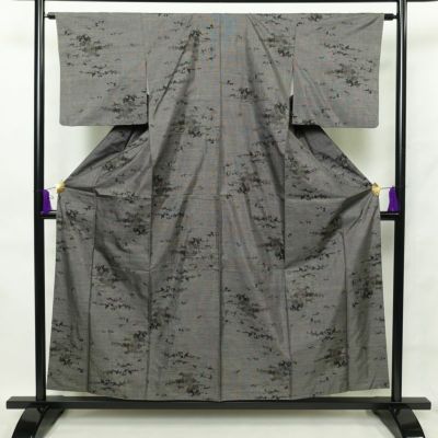 紬 良品 正絹 風景柄 袷仕立て 身丈156.5cm 裄丈63.5cm 紬着物 グレー