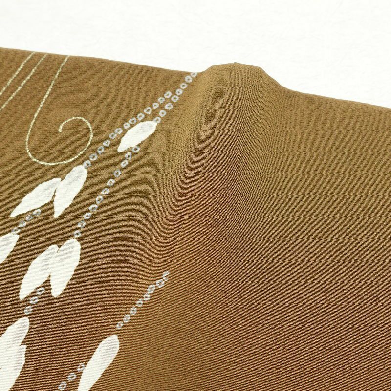 小紋 縮緬 正絹 木の葉・植物柄 袷仕立て 身丈169.5cm 裄丈71cm 小紋着物 黄・黄土色_画像13