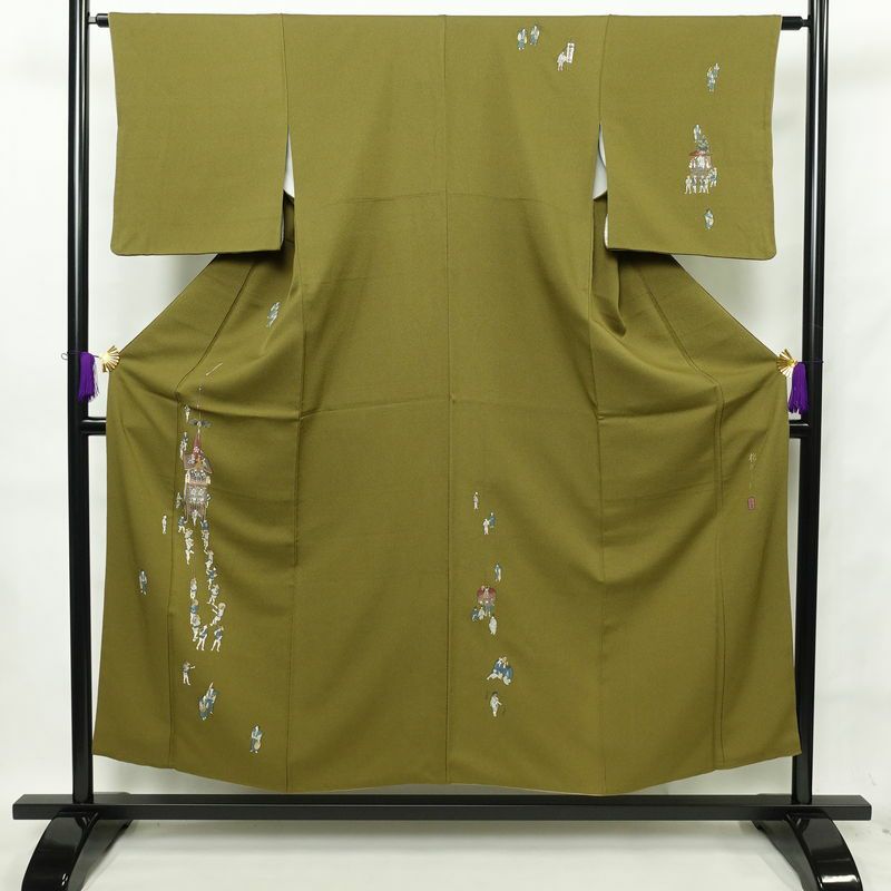 訪問着 良品 落款入り 正絹 祇園まつり 人物・動物柄 袷仕立て 身丈153.5cm 裄丈63.5cm 着物 緑・うぐいす色_画像1