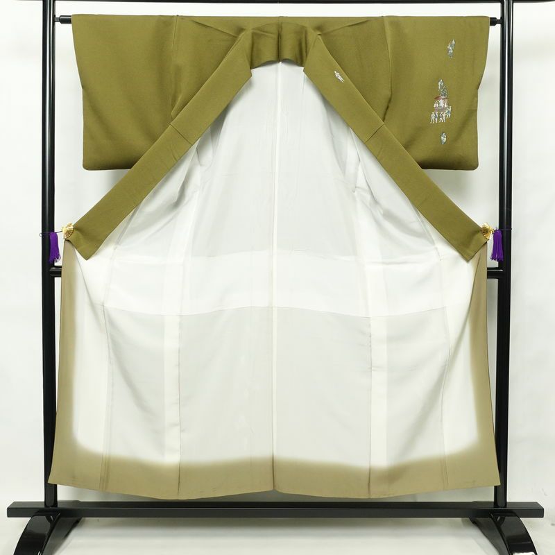 訪問着 良品 落款入り 正絹 祇園まつり 人物・動物柄 袷仕立て 身丈153.5cm 裄丈63.5cm 着物 緑・うぐいす色_画像3