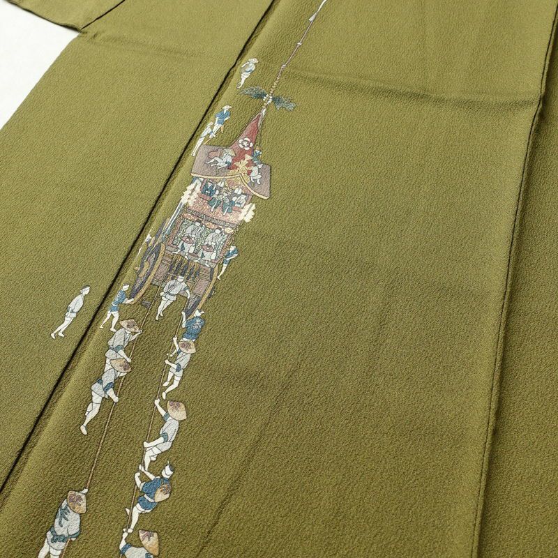 訪問着 良品 落款入り 正絹 祇園まつり 人物・動物柄 袷仕立て 身丈153.5cm 裄丈63.5cm 着物 緑・うぐいす色_画像5