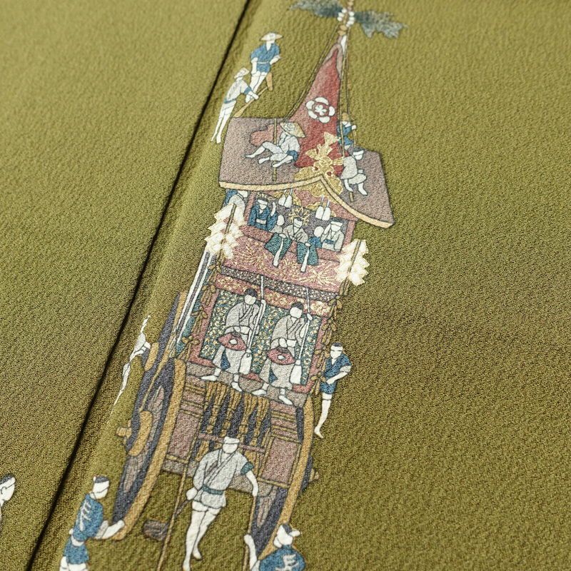 訪問着 良品 落款入り 正絹 祇園まつり 人物・動物柄 袷仕立て 身丈153.5cm 裄丈63.5cm 着物 緑・うぐいす色_画像6