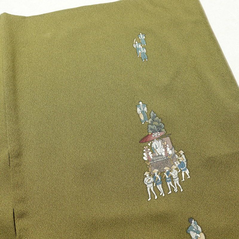 訪問着 良品 落款入り 正絹 祇園まつり 人物・動物柄 袷仕立て 身丈153.5cm 裄丈63.5cm 着物 緑・うぐいす色_画像13