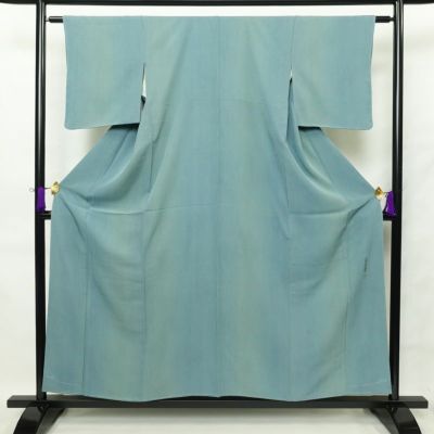 小紋 美品 落款入り 野木章 夢浪漫 しつけ糸付き 縮緬 正絹 流水・波柄 袷仕立て 身丈155cm 裄丈62.5cm 共八掛 ぼかし 緑・うぐいす色