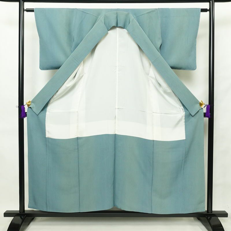 小紋 美品 落款入り 野木章 夢浪漫 しつけ糸付き 縮緬 正絹 流水・波柄 袷仕立て 身丈155cm 裄丈62.5cm 共八掛 ぼかし 緑・うぐいす色_画像3