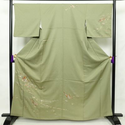 訪問着 一つ紋付き 正絹 古典柄 袷仕立て 身丈162.5cm 裄丈67.5cm 刺繍 緑・うぐいす色