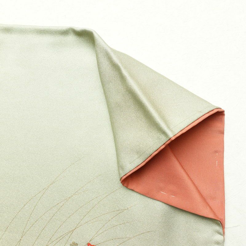 訪問着 しつけ糸付き 正絹 袷仕立て 身丈158cm 裄丈63cm 刺繍 着物 金彩 木の葉・植物柄 緑・うぐいす色_画像14