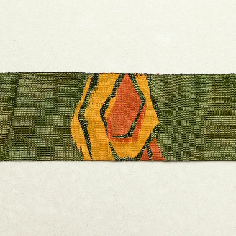 名古屋帯 紬地 太鼓柄 良品 正絹 幾何学柄・抽象柄 名古屋仕立て 緑・うぐいす色_画像13