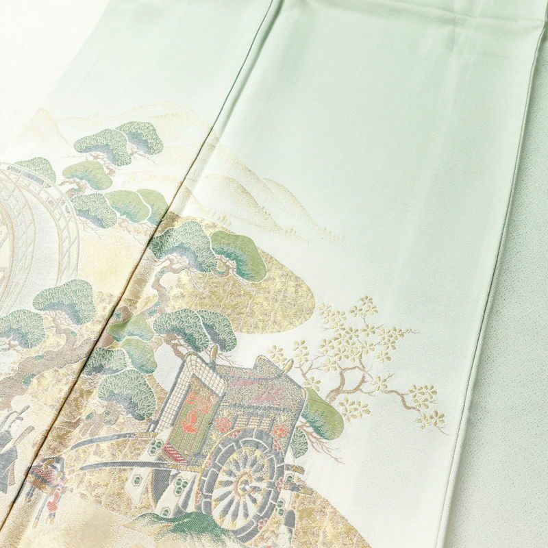 色留袖 良品 源氏物語澪標図 一つ紋付き 正絹 風景柄 袷仕立て 身丈180cm 裄丈70.5cm 結婚式 着物 緑・うぐいす色_画像5