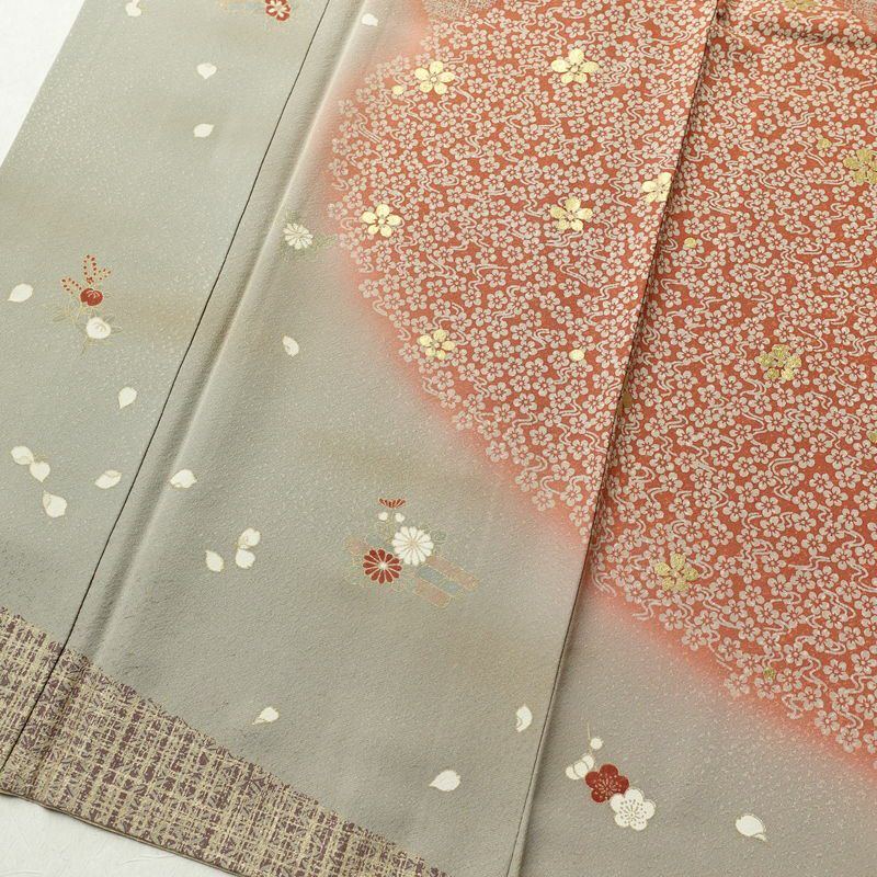 訪問着 縮緬 正絹 花柄 袷仕立て 身丈162.5cm 裄丈65.5cm 着物 ますいわ屋 箔 茶_画像4