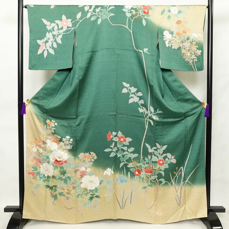 訪問着 良品 正絹 花柄 袷仕立て 身丈165cm 裄丈66.5cm 箔 刺繍 共八掛 金彩 緑・うぐいす色_画像1