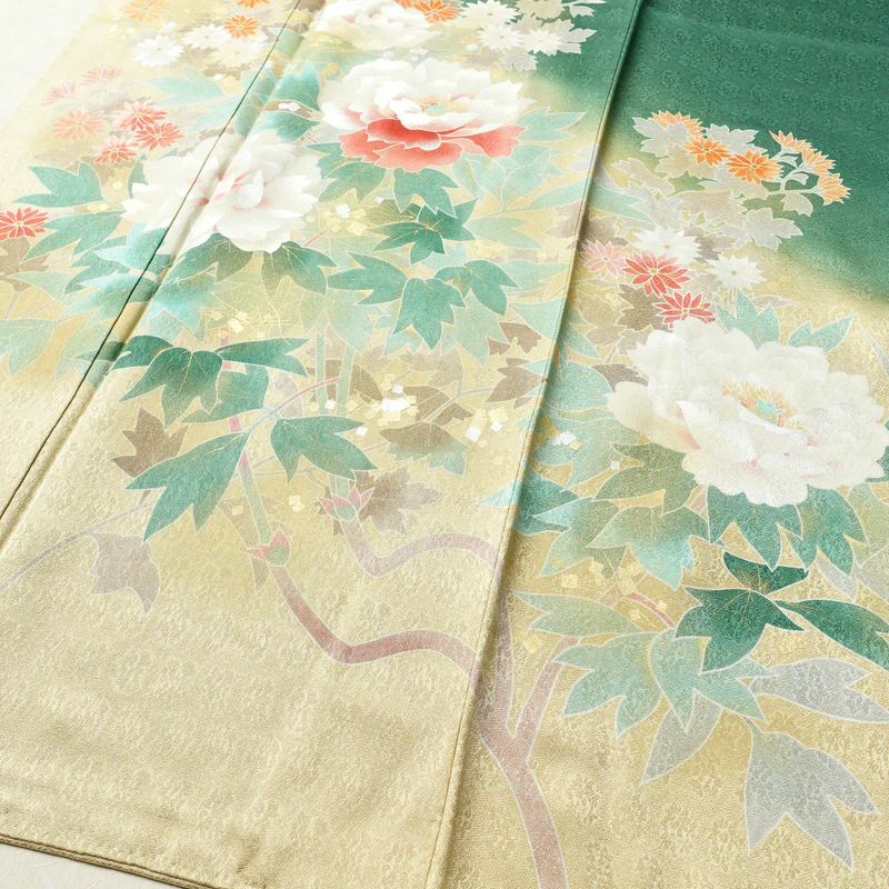 訪問着 良品 正絹 花柄 袷仕立て 身丈165cm 裄丈66.5cm 箔 刺繍 共八掛 金彩 緑・うぐいす色_画像4