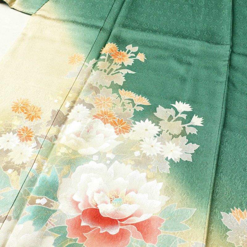 訪問着 良品 正絹 花柄 袷仕立て 身丈165cm 裄丈66.5cm 箔 刺繍 共八掛 金彩 緑・うぐいす色_画像5