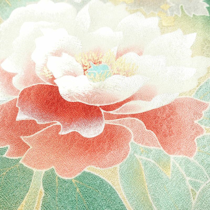 訪問着 良品 正絹 花柄 袷仕立て 身丈165cm 裄丈66.5cm 箔 刺繍 共八掛 金彩 緑・うぐいす色_画像6