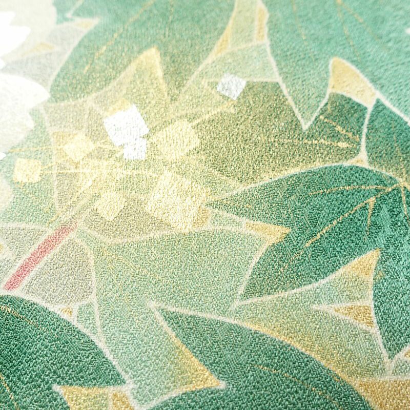 訪問着 良品 正絹 花柄 袷仕立て 身丈165cm 裄丈66.5cm 箔 刺繍 共八掛 金彩 緑・うぐいす色_画像8