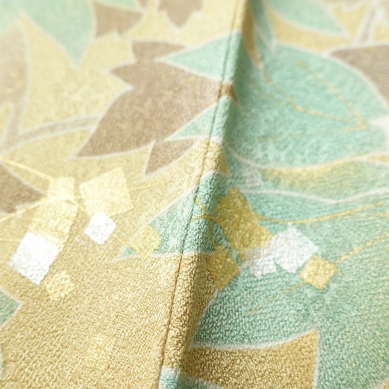 訪問着 良品 正絹 花柄 袷仕立て 身丈165cm 裄丈66.5cm 箔 刺繍 共八掛 金彩 緑・うぐいす色_画像9