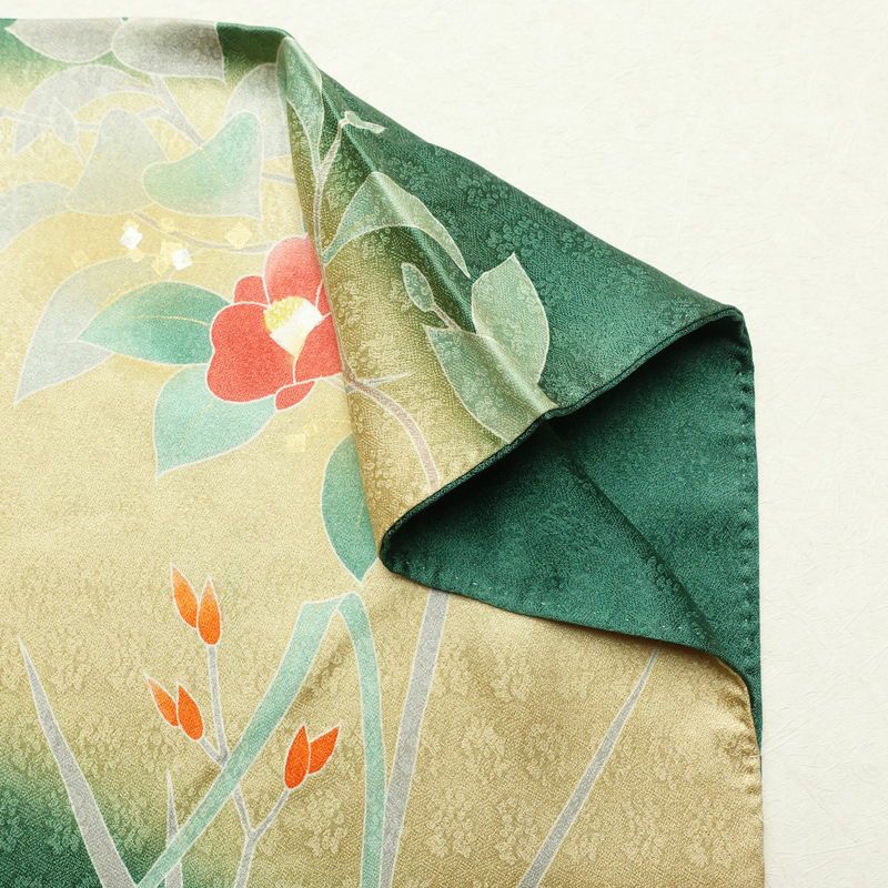 訪問着 良品 正絹 花柄 袷仕立て 身丈165cm 裄丈66.5cm 箔 刺繍 共八掛 金彩 緑・うぐいす色_画像14