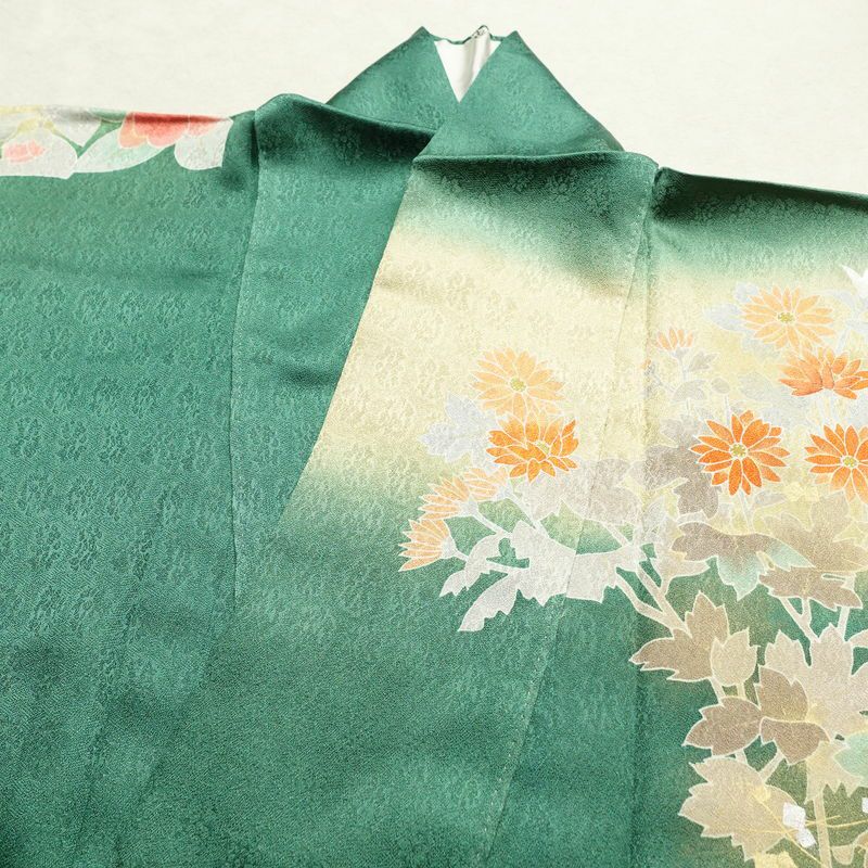 訪問着 良品 正絹 花柄 袷仕立て 身丈165cm 裄丈66.5cm 箔 刺繍 共八掛 金彩 緑・うぐいす色_画像16