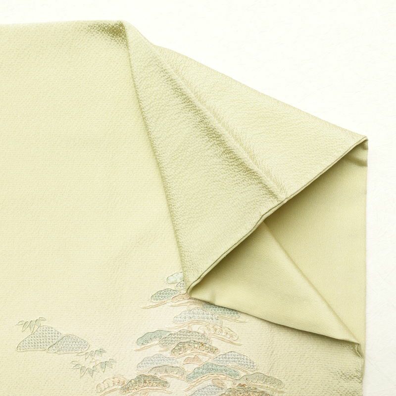 付け下げ 良品 スワトウ刺繍 縮緬 正絹 風景柄 袷仕立て 身丈155cm 裄丈63.5cm 金糸 附下 着 緑・うぐいす色_画像14