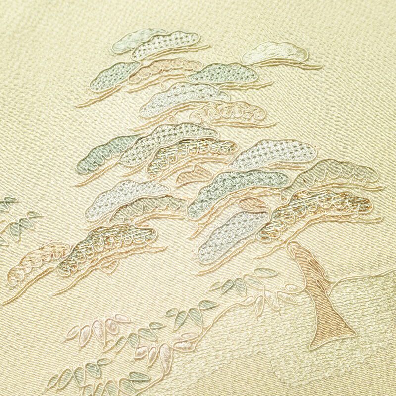 付け下げ 良品 スワトウ刺繍 縮緬 正絹 風景柄 袷仕立て 身丈155cm 裄丈63.5cm 金糸 附下 着 緑・うぐいす色_画像15