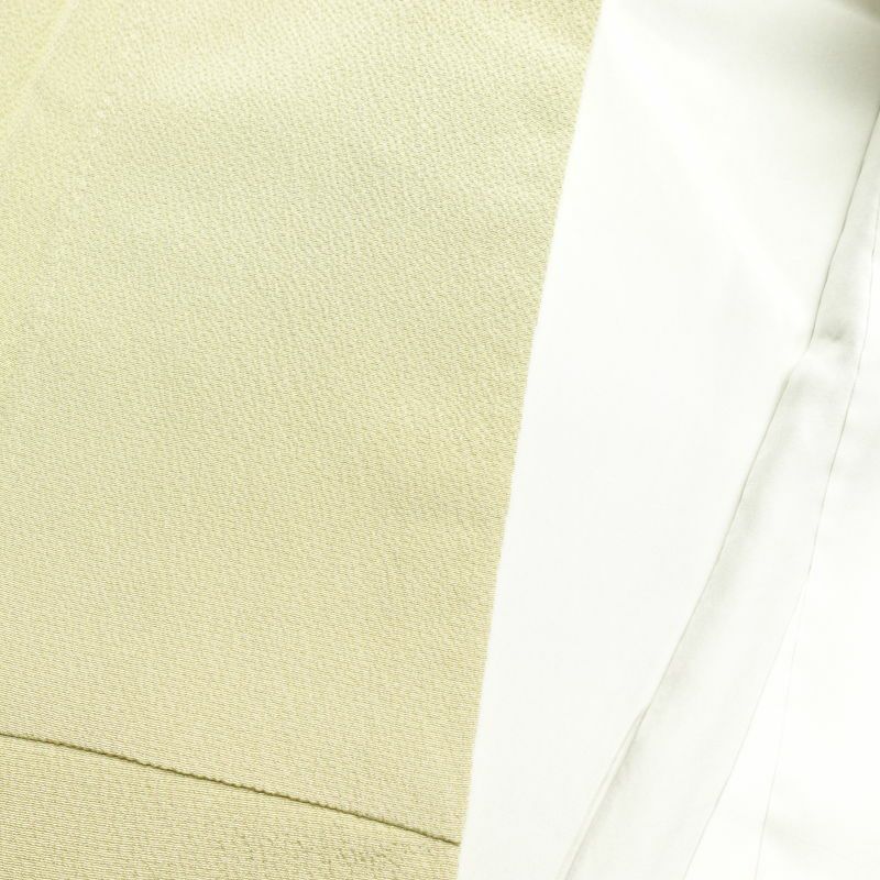 付け下げ 良品 スワトウ刺繍 縮緬 正絹 風景柄 袷仕立て 身丈155cm 裄丈63.5cm 金糸 附下 着 緑・うぐいす色_画像18