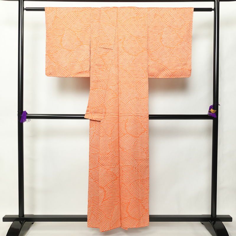 小紋 総絞り 正絹 流水・波柄 袷仕立て 身丈155.5cm 裄丈63cm 小紋着物 絞り 橙_画像2