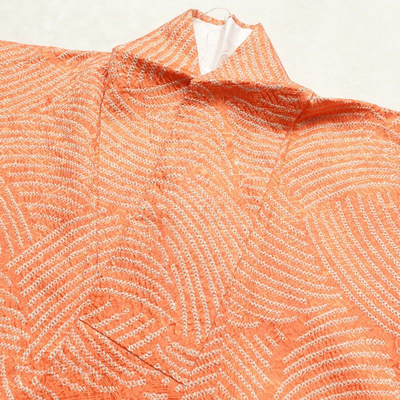 小紋 総絞り 正絹 流水・波柄 袷仕立て 身丈155.5cm 裄丈63cm 小紋着物 絞り 橙_画像13