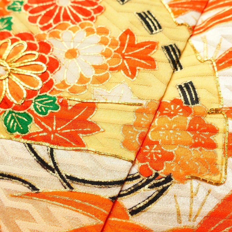 振袖 良品 金駒刺繍 綸子 正絹 古典柄 袷仕立て 身丈158.5cm 裄丈63.5cm 金彩 成人式 着物 橙_画像7