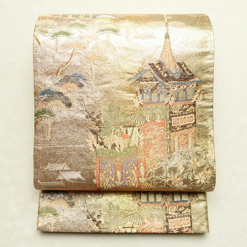 袋帯 京洛百景文 六通柄 フォーマル用 正絹 風景柄 金・銀_画像1