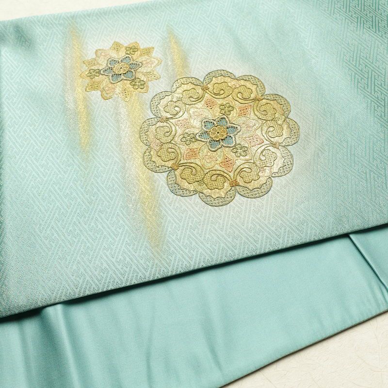 袋帯 太鼓柄 スワトウ刺繍 正絹 幾何学柄・抽象柄 箔 緑・うぐいす色_画像11