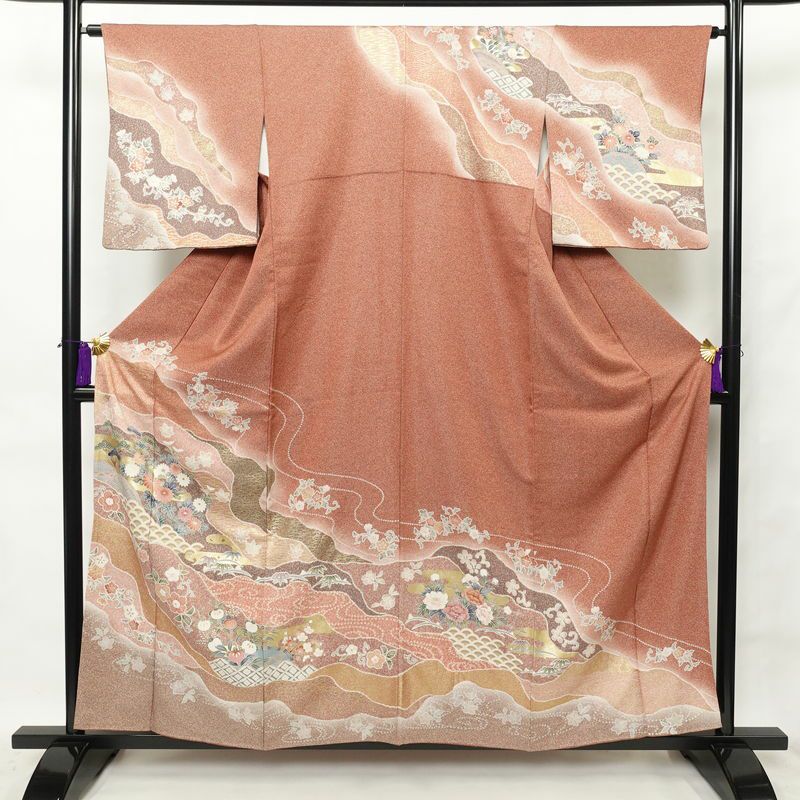 訪問着 絞り 正絹 古典柄 袷仕立て 身丈158cm 裄丈64.5cm 箔 金彩 ピンク_画像1