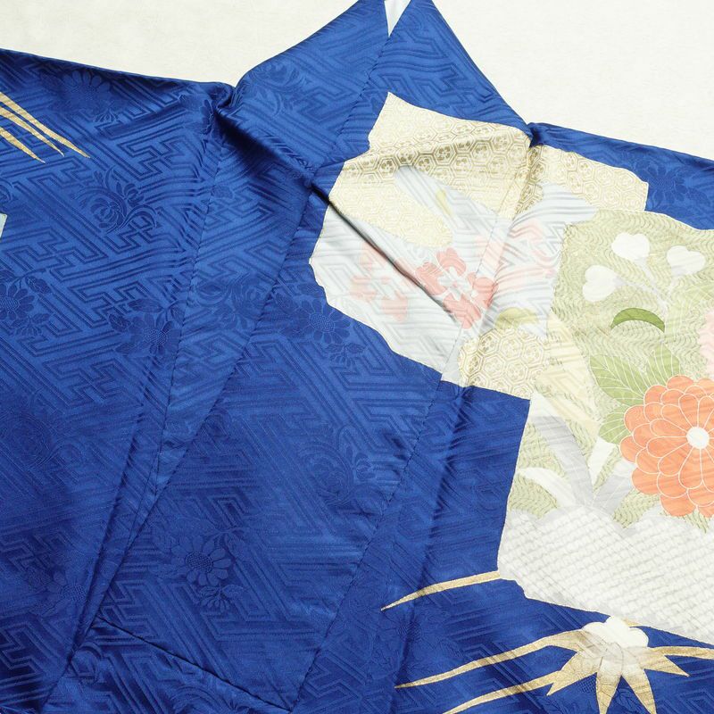 振袖 良品 しつけ糸付き 金駒刺繍 正絹 古典柄 袷仕立て 身丈172.5cm 裄丈69cm 箔 金彩 成人式 二十歳の集い 着物 青・紺_画像15