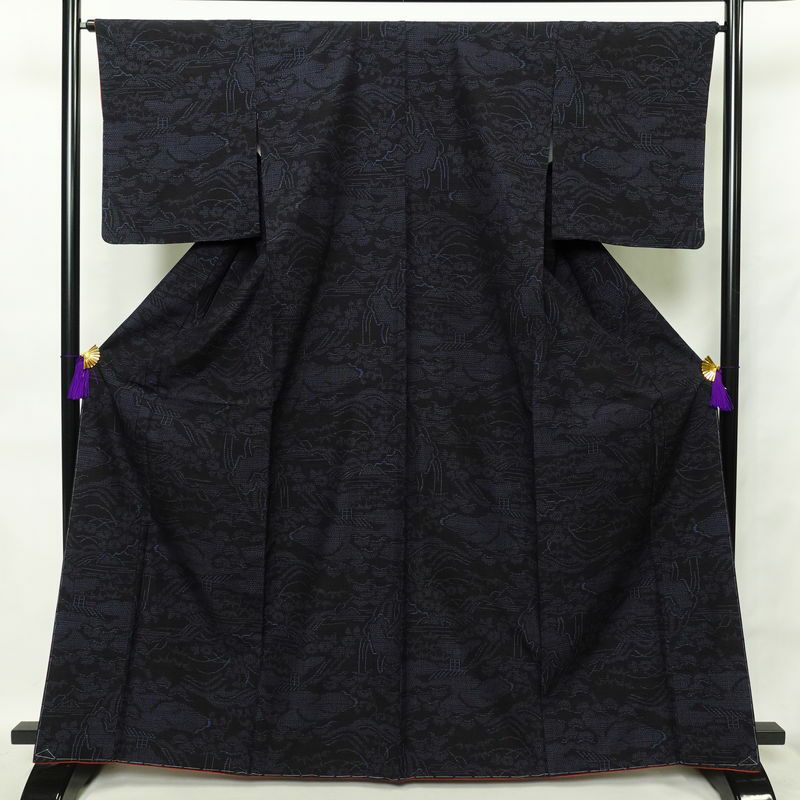 本場結城紬 紬 美品 証紙あり しつけ糸付き 正絹 風景柄 袷仕立て 結城  