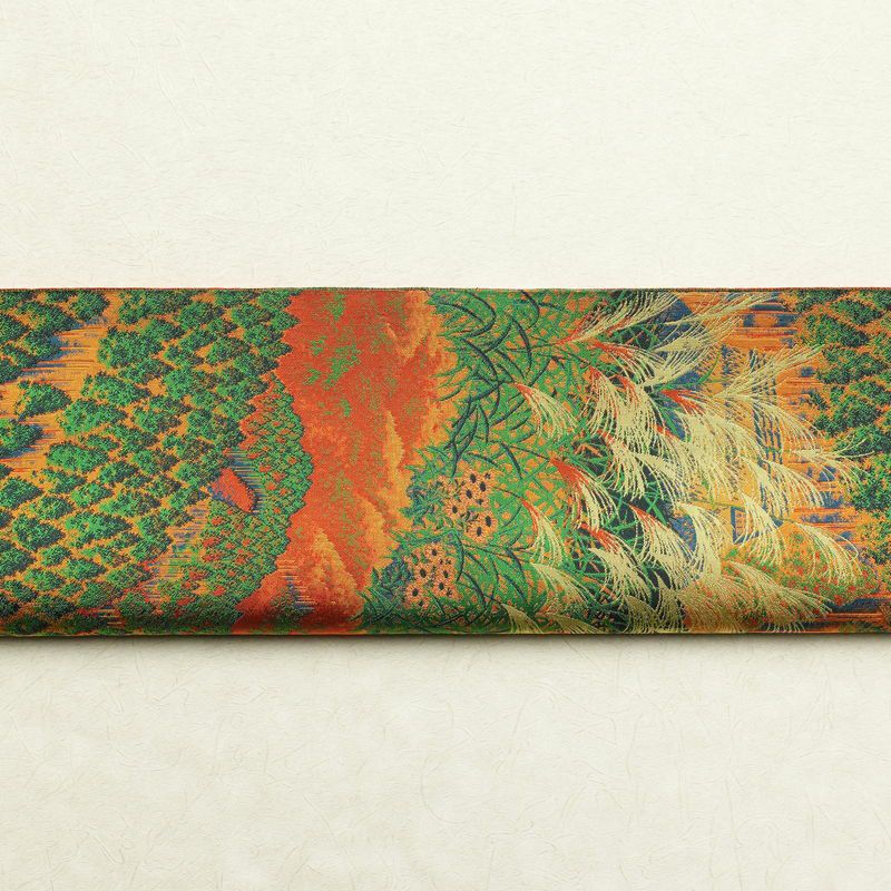 袋帯 全通柄 萬葉 良品 一般用 正絹 山 稲穂 風景柄 橙_画像14