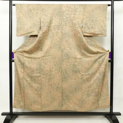 小紋 正絹 花柄 袷仕立て 身丈153cm 裄丈64cm 小紋着物 ベージュ ぼかし