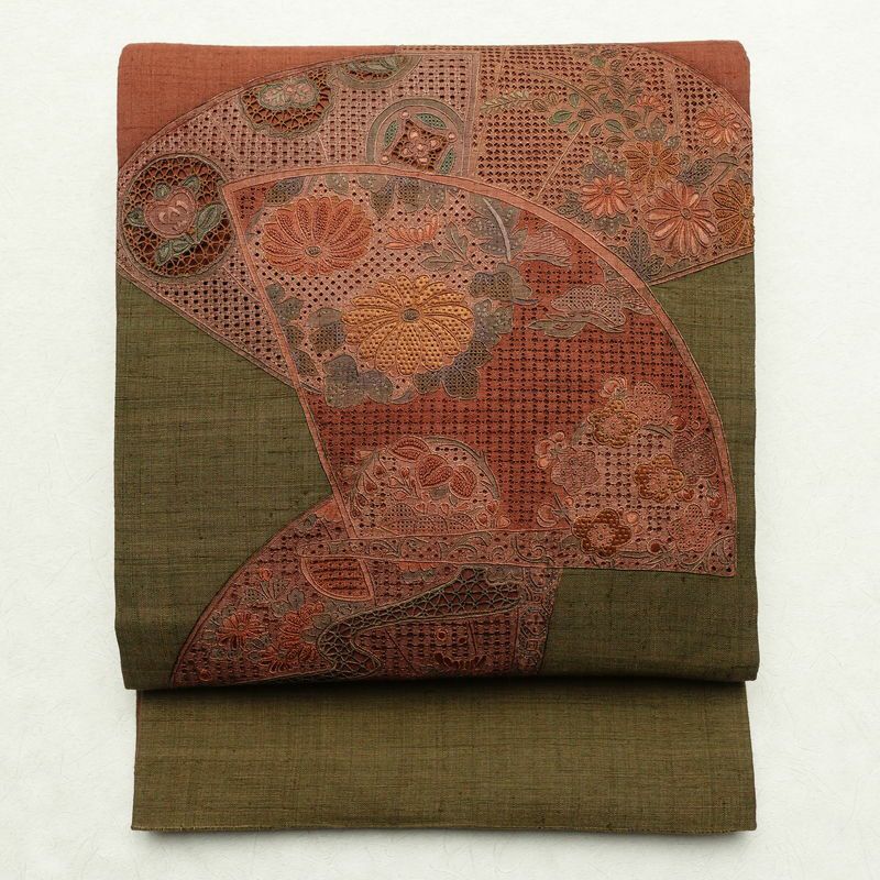 袋帯 紬地 太鼓柄 美品 スワトウ刺繍 一般用 正絹 古典柄 扇子 茶