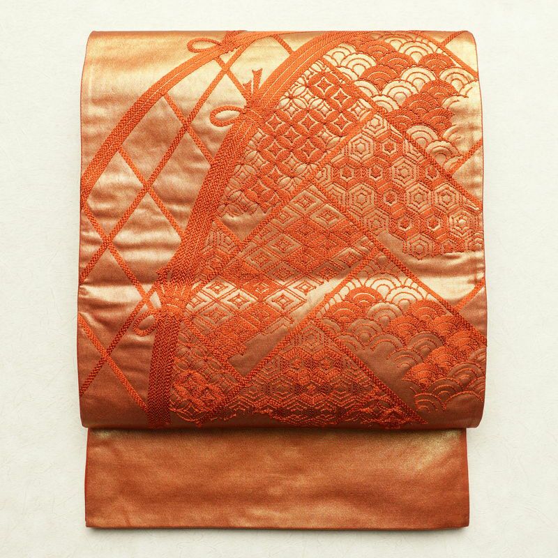 袋帯 太鼓柄 フォーマル用 正絹 古典柄 刺繍 橙_画像1
